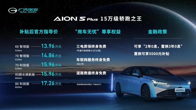 “十五万级轿跑之王”广汽埃安AION S Plus上市售价13.96~17.26万元